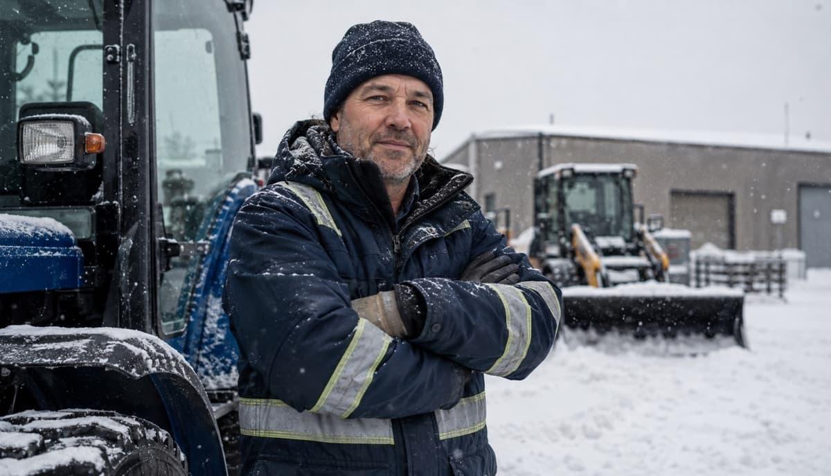 A vetted snow-removal contractor standing in front of his tractor in the falling snow